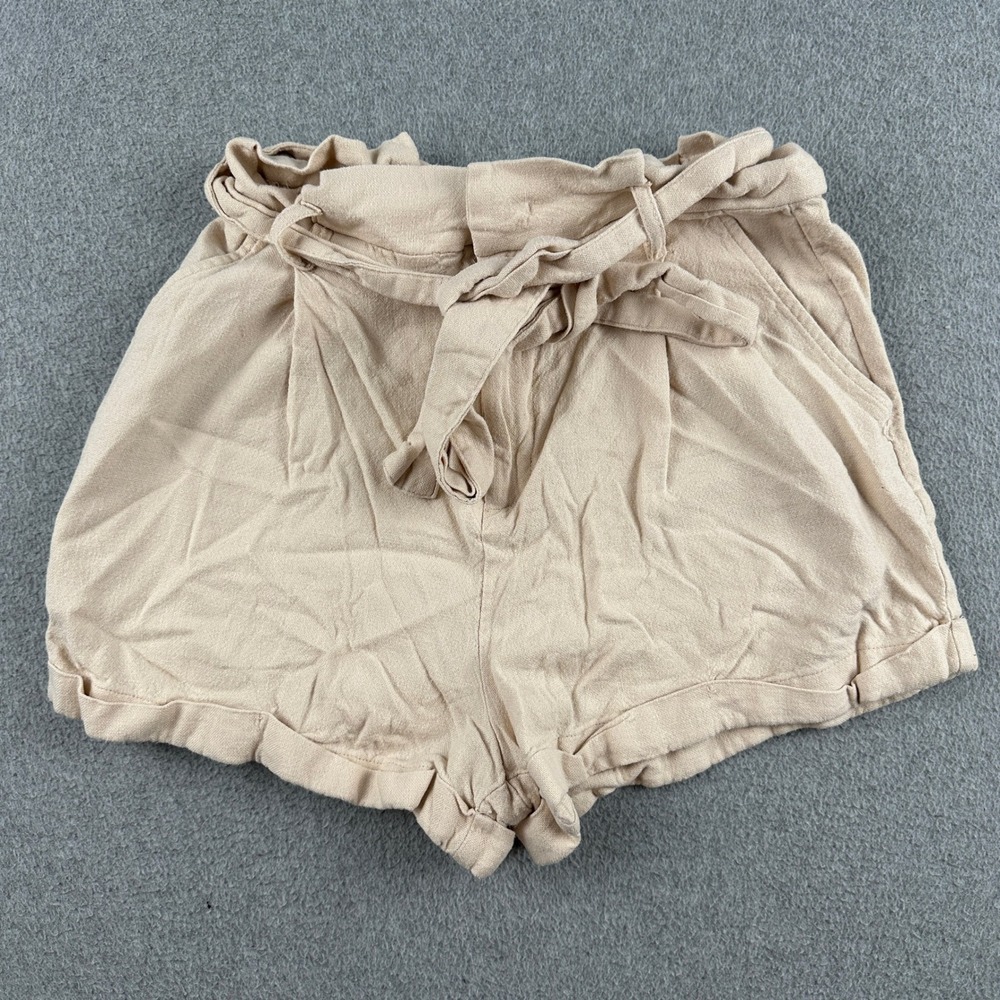 Forever 21 Shorts Womens S Beige Paperbag Waist Linen Blend Tie Front Cuffed